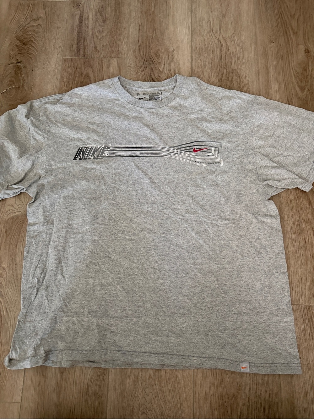 Nike Light Gray Crewneck Tee with Black Stripe and Red Swoosh
